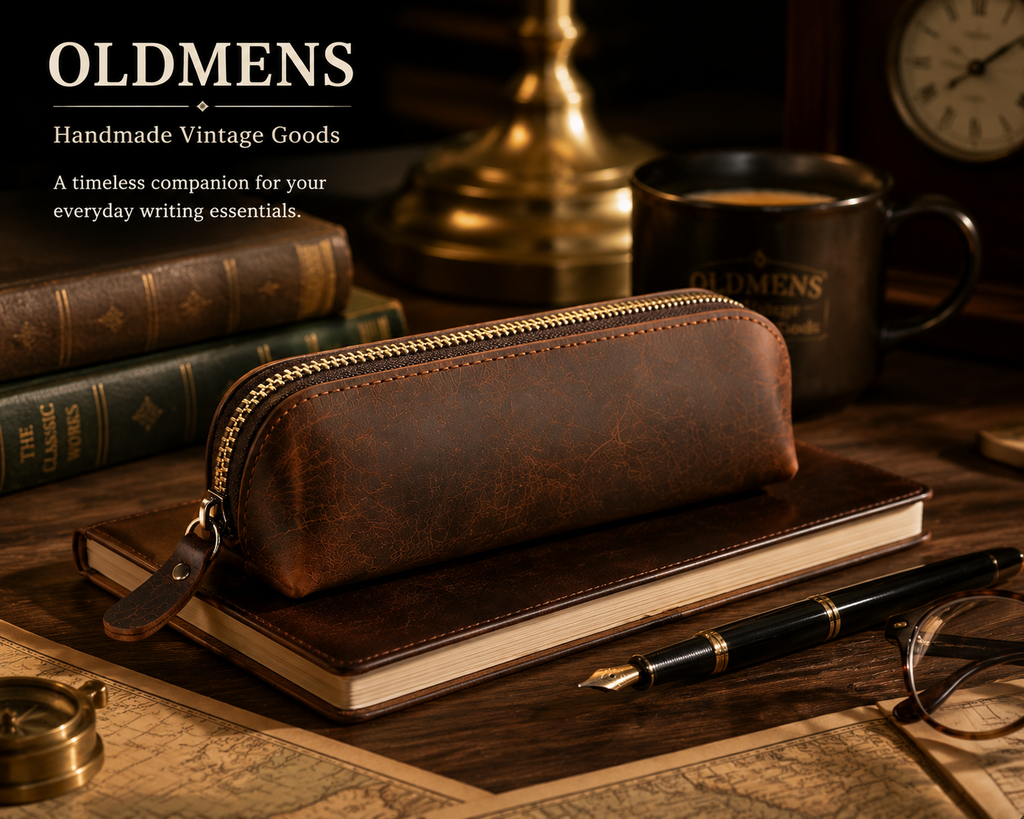 Vintage Genuine Leather Pencil Case - Handmade Retro Crazy Horse Leather Pen Pouch & Zipper Organizer