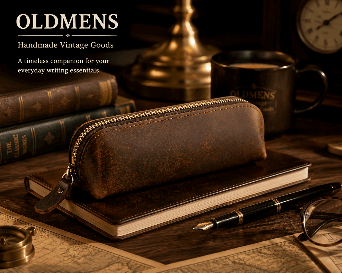 Vintage Genuine Leather Pencil Case - Handmade Retro Crazy Horse Leather Pen Pouch & Zipper Organizer