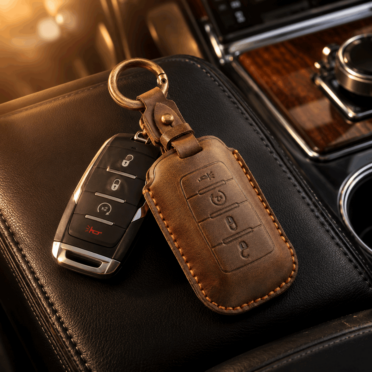 OLDMENS Handmade Crazy Horse Leather Car Key Fob Cover for GMC Dodge Ram