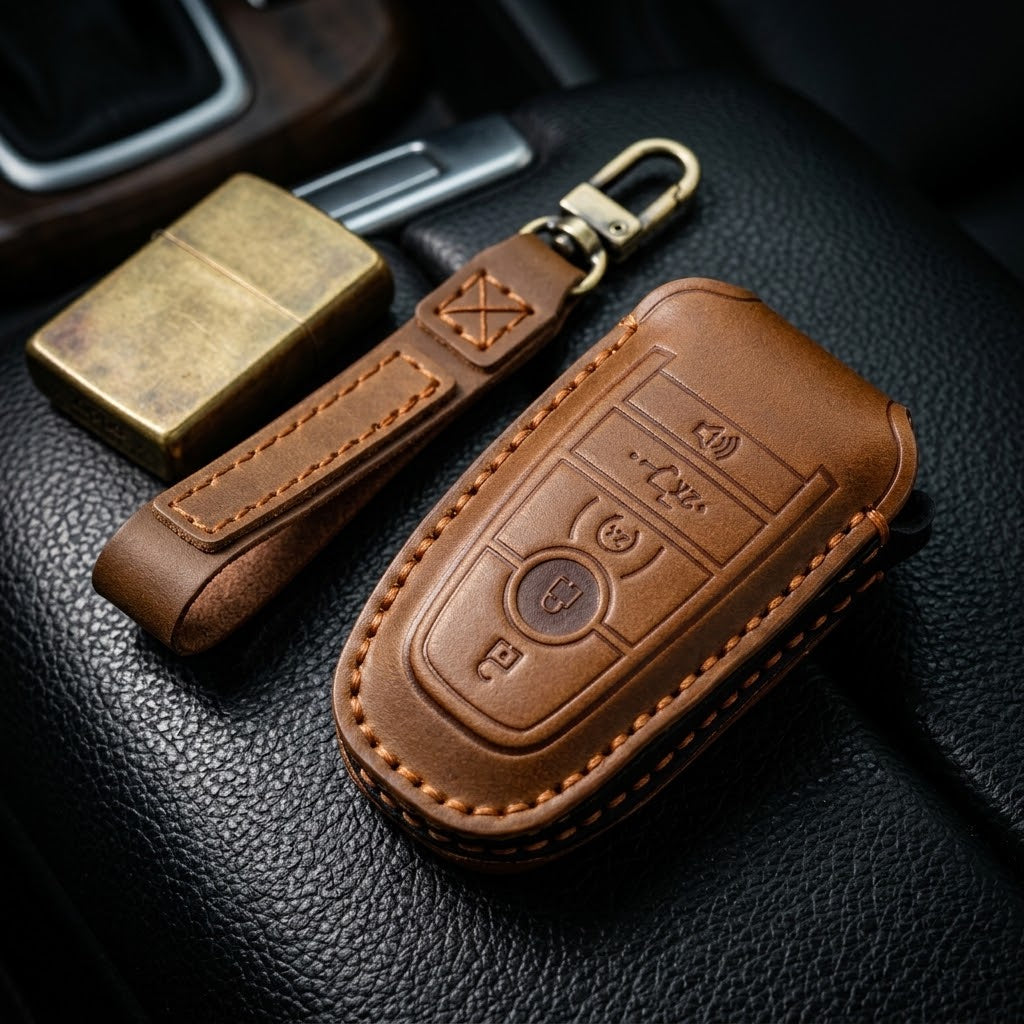 OLDMENS Handcrafted Leather Key Fob Cover for Ford F-150 & Explorer