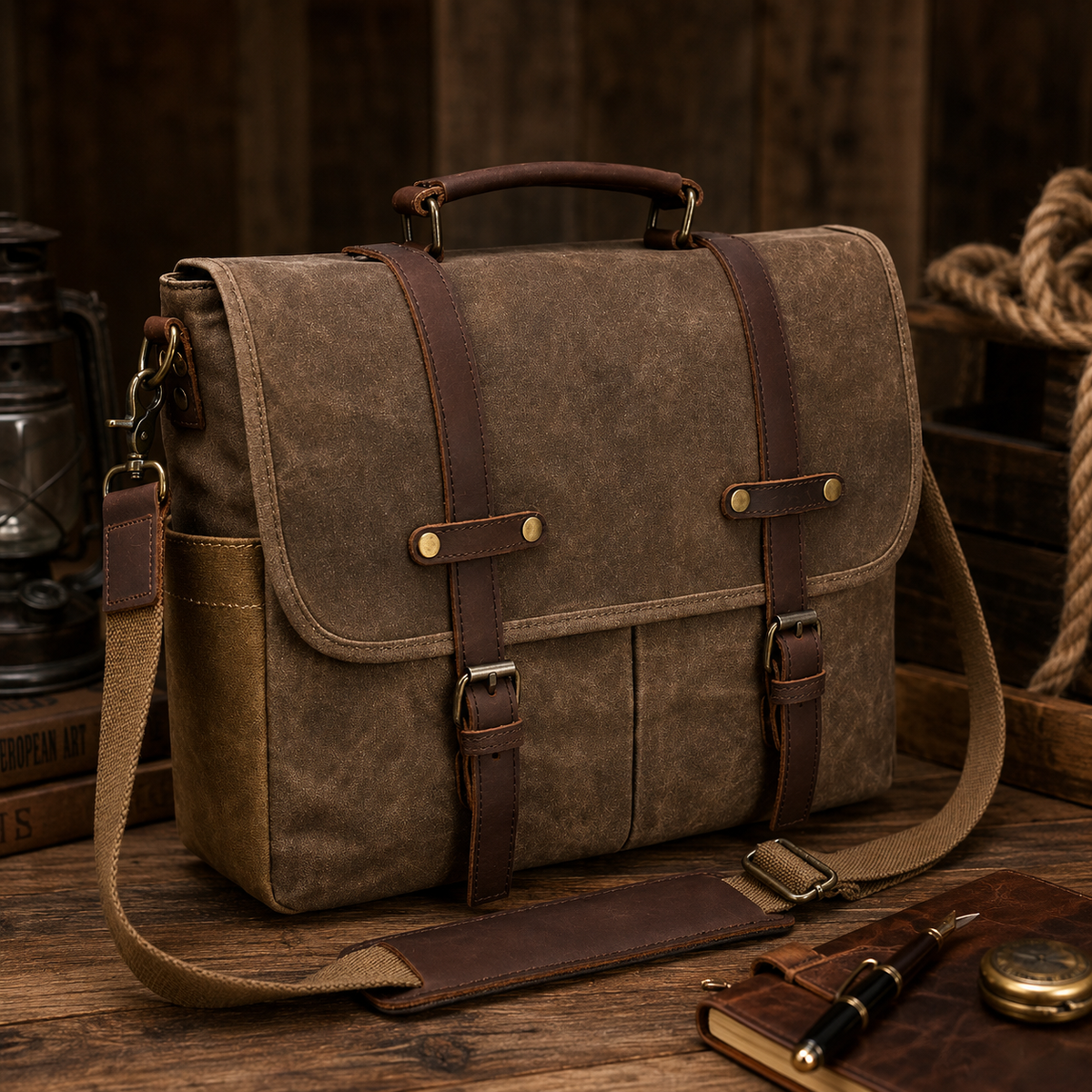 Vintage Canvas Messenger Bag – 15.6" Laptop Briefcase with Multiple Pockets