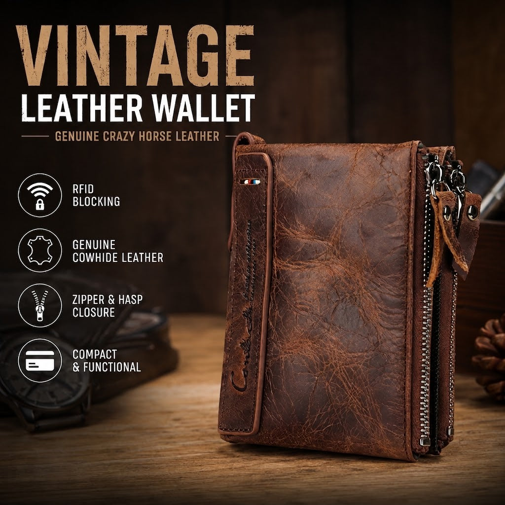 Vintage Crazy Horse Leather Wallet for Men – Compact Bifold with Coin Pocket
