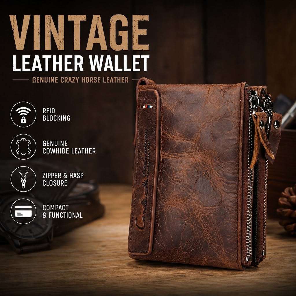 Vintage Crazy Horse Leather Wallet for Men – Compact Bifold with Coin Pocket