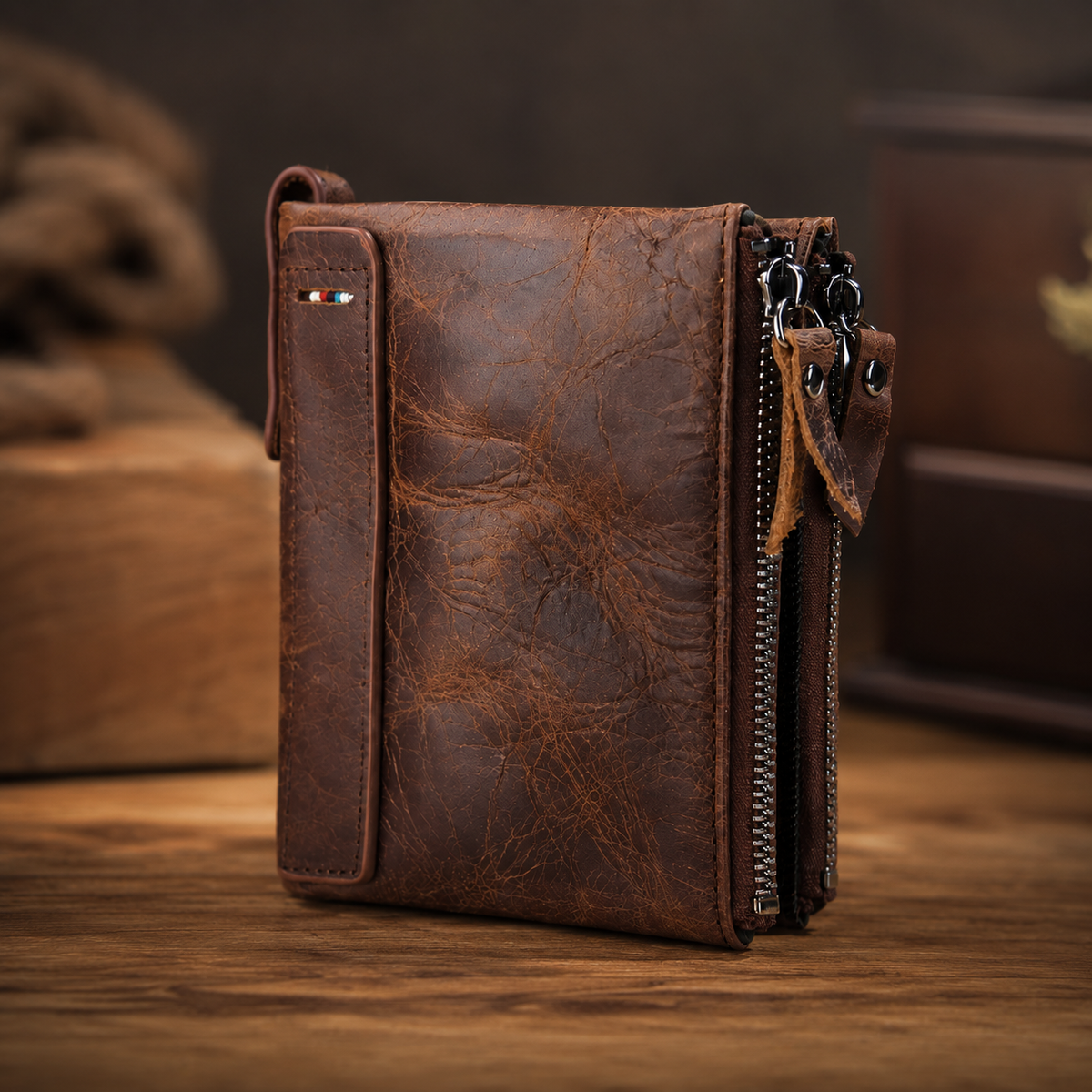 Vintage Crazy Horse Leather Wallet for Men – Compact Bifold with Coin Pocket