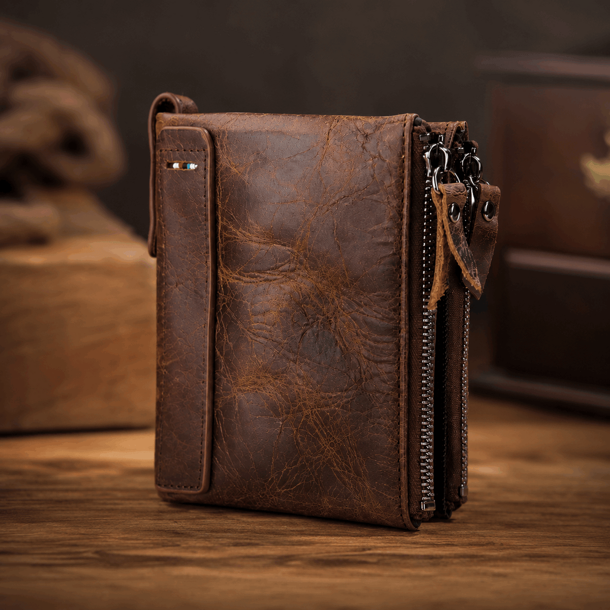 Vintage Crazy Horse Leather Wallet for Men – Compact Bifold with Coin Pocket