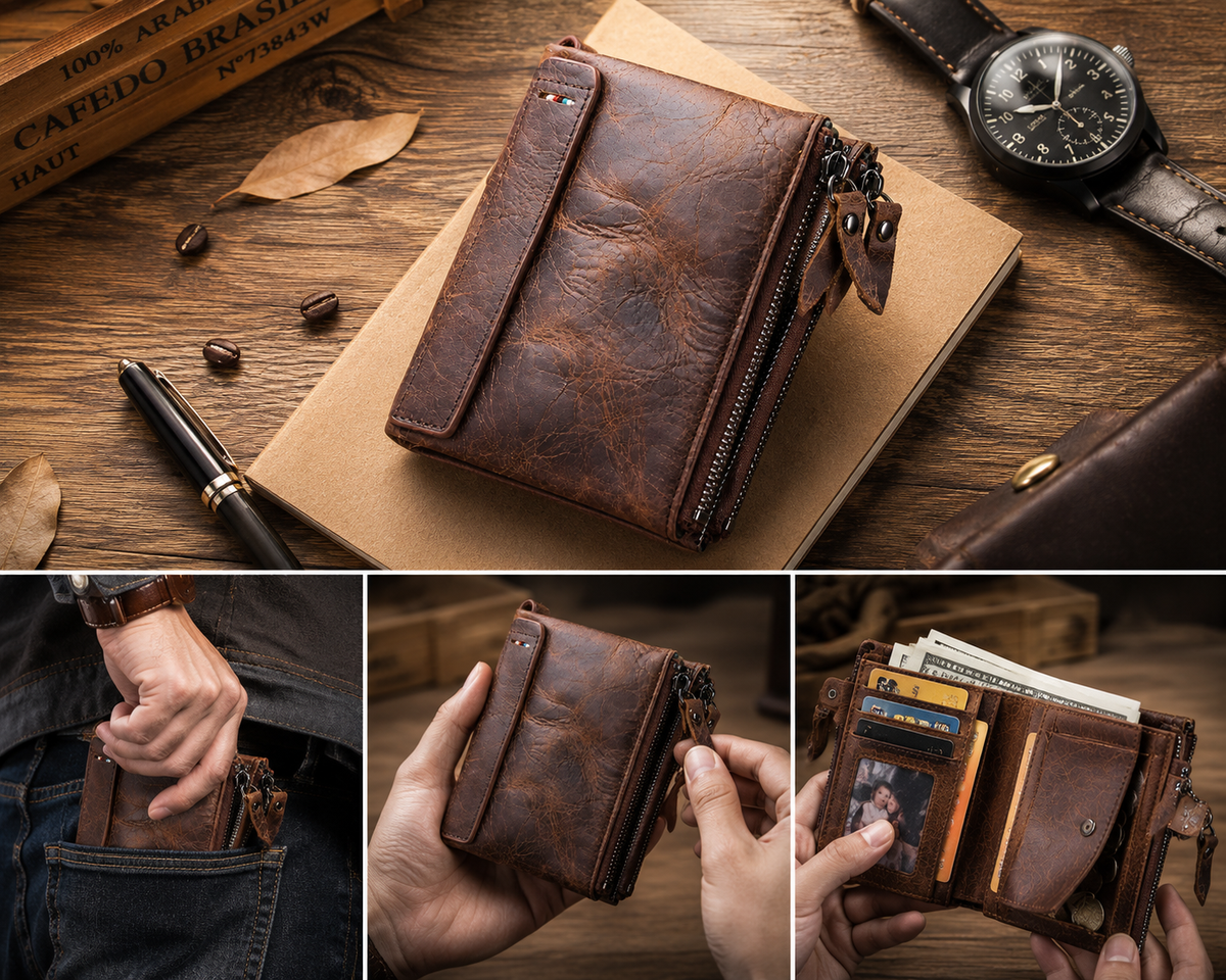 Vintage Crazy Horse Leather Wallet for Men – Compact Bifold with Coin Pocket