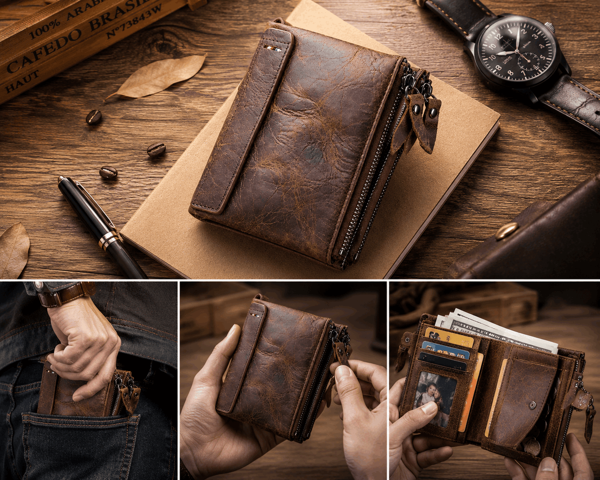 Vintage Crazy Horse Leather Wallet for Men – Compact Bifold with Coin Pocket