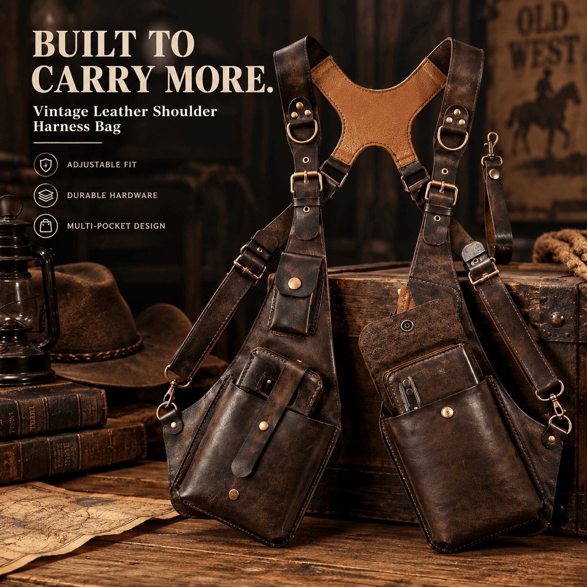 OLDMENS Vintage Leather-Style Tactical Chest Harness Bag – Multi-Pocket EDC Shoulder Rig & Steampunk Cosplay Utility Accessory