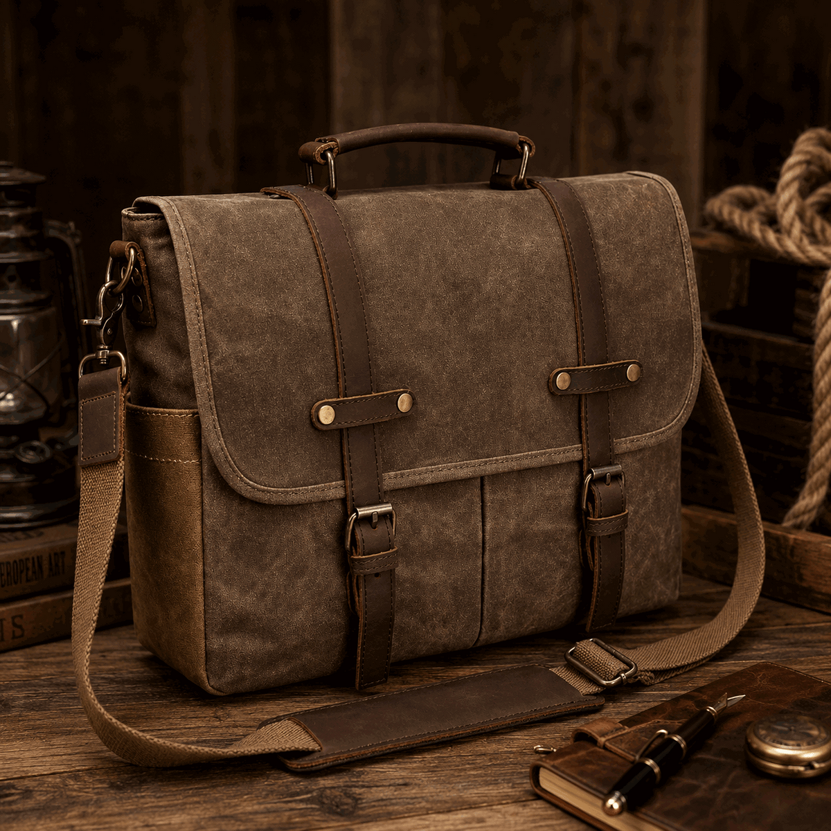 Vintage Canvas Messenger Bag – 15.6" Laptop Briefcase with Multiple Pockets