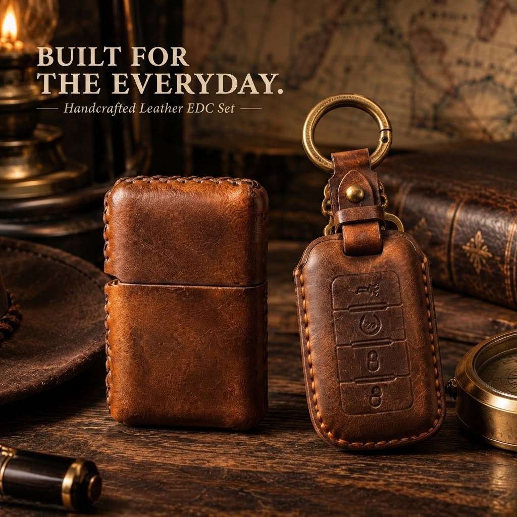 OLDMENS 2-in-1 Leather Gift Set: Handcrafted Crazy Horse Leather Key Fob Cover (4, 5, 6 Buttons) & Zippo Case for Chevy GMC Yukon