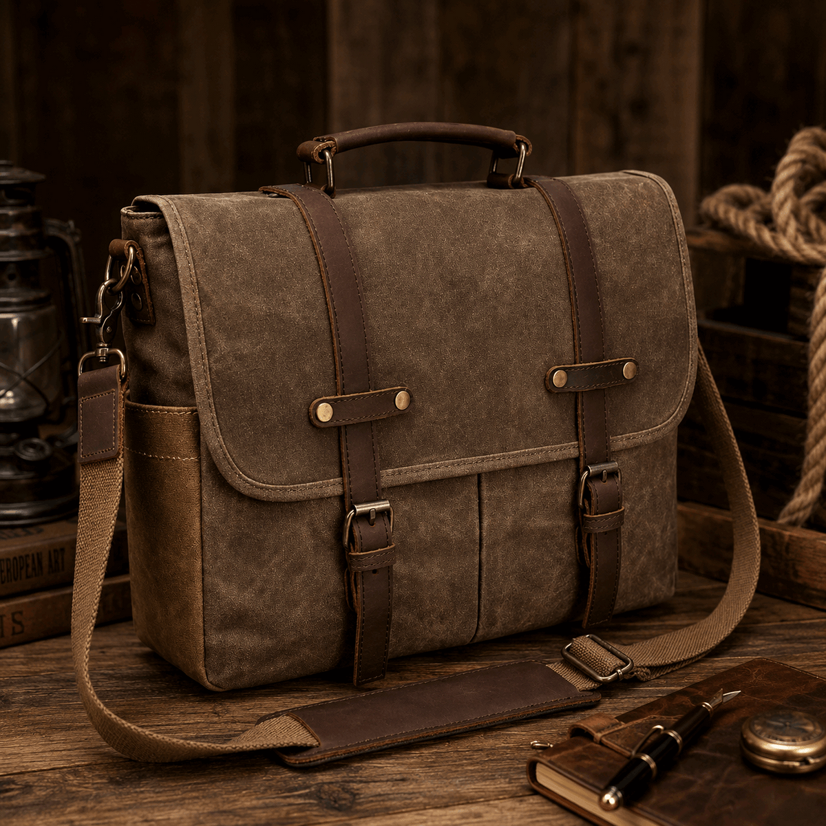 Vintage Canvas Messenger Bag – 15.6" Laptop Briefcase with Multiple Pockets