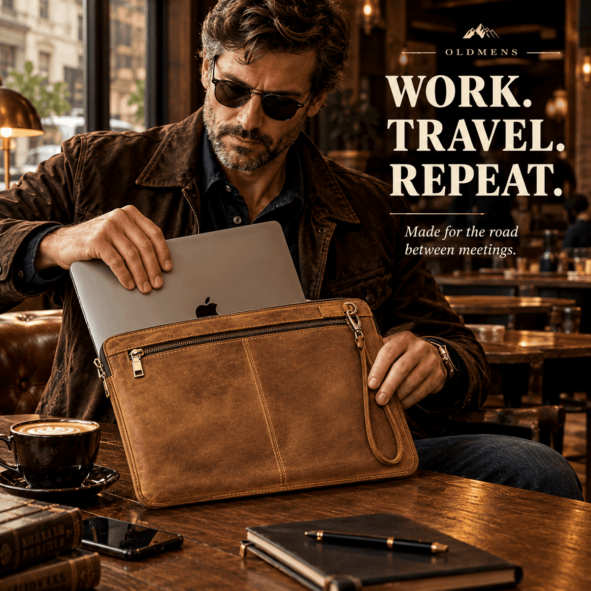 OLDMENS Vintage Crazy Horse Leather Laptop Sleeve for 14.2" MacBook Pro