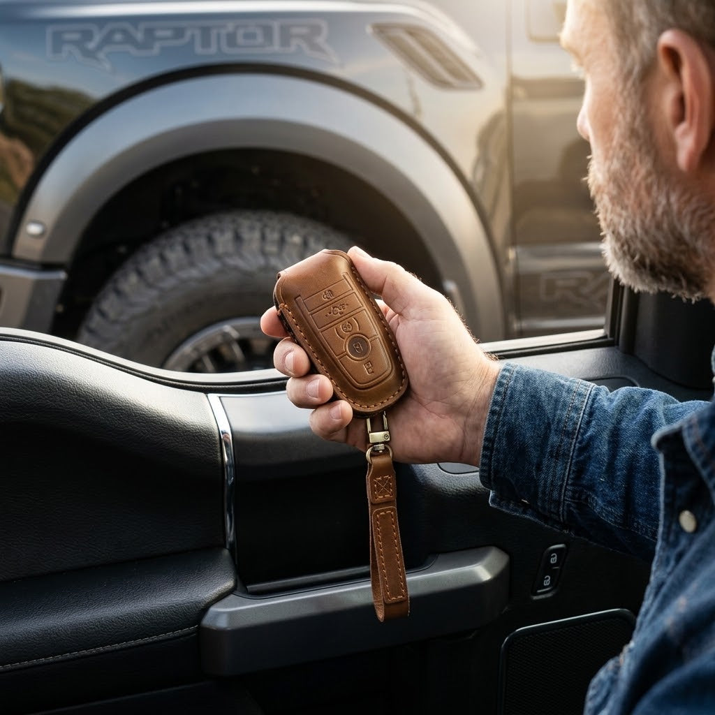 OLDMENS Handcrafted Leather Key Fob Cover for Ford F-150 & Explorer