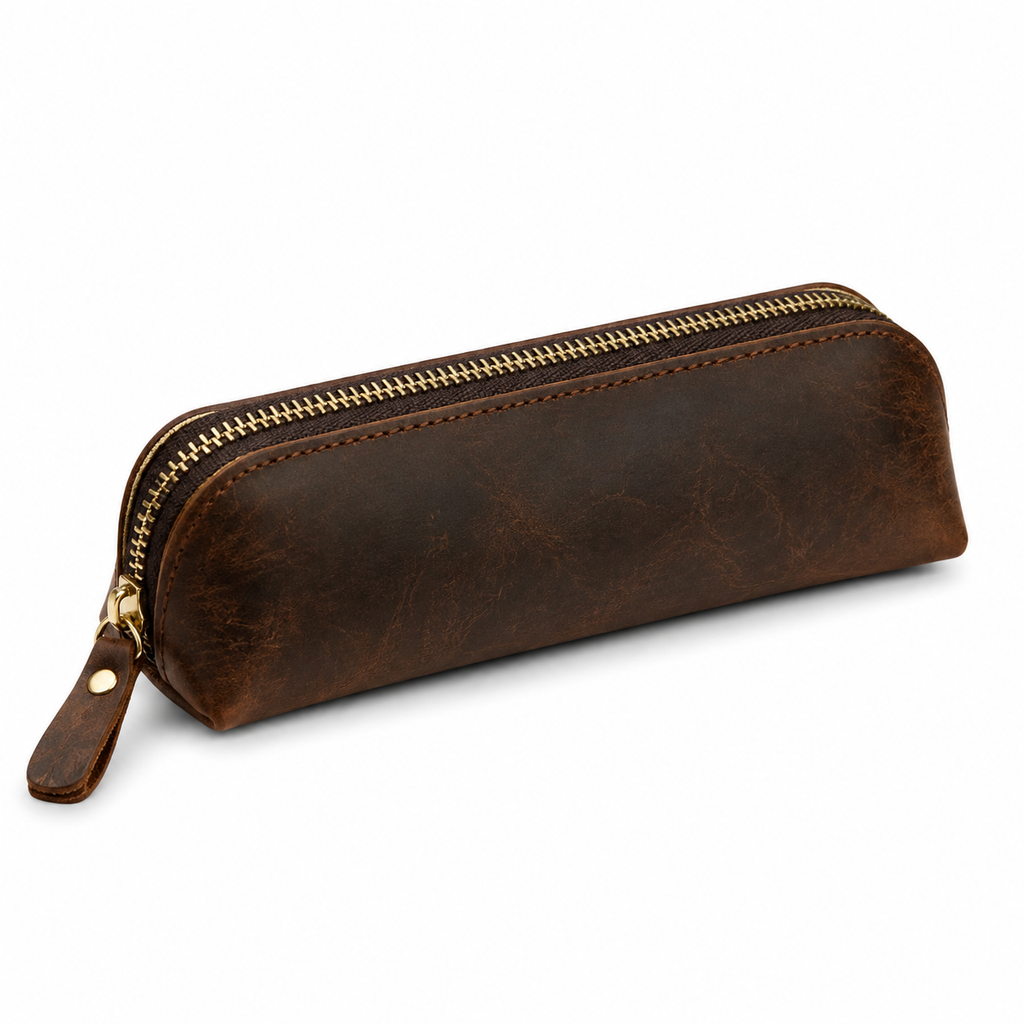 Vintage Genuine Leather Pencil Case - Handmade Retro Crazy Horse Leather Pen Pouch & Zipper Organizer