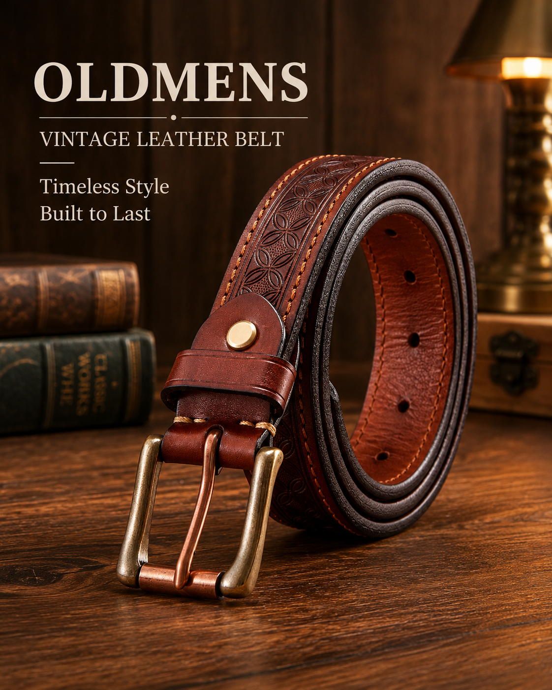 Vintage Embossed Genuine Leather Belt for Men – 1.3" Cowhide Belt with Antique Brass Buckle