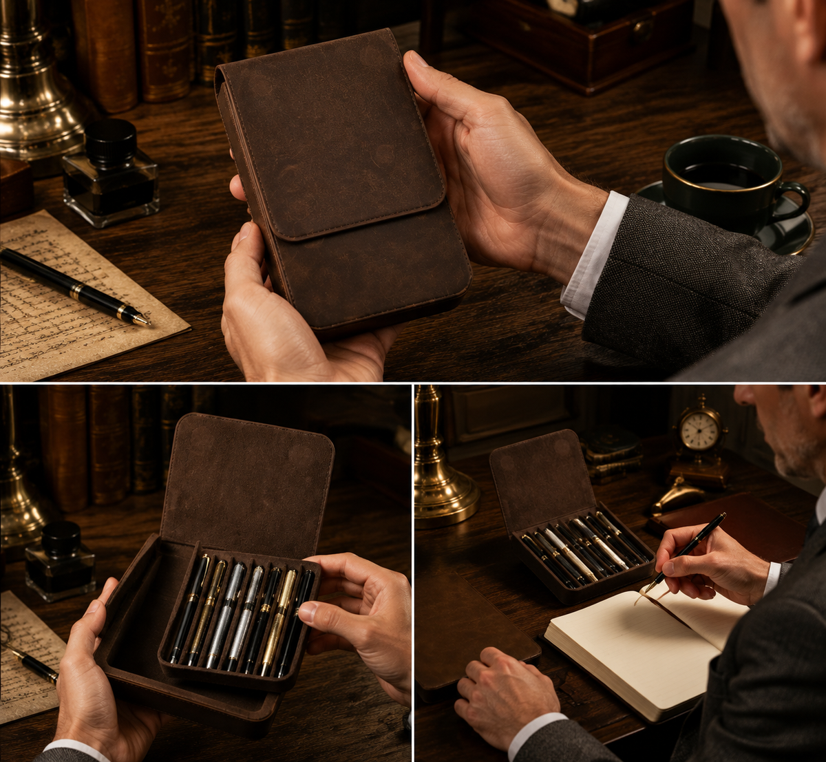 Vintage Genuine Leather Pen Case | Handmade 6-Slot Fountain Pen Organizer for Professionals & Collectors
