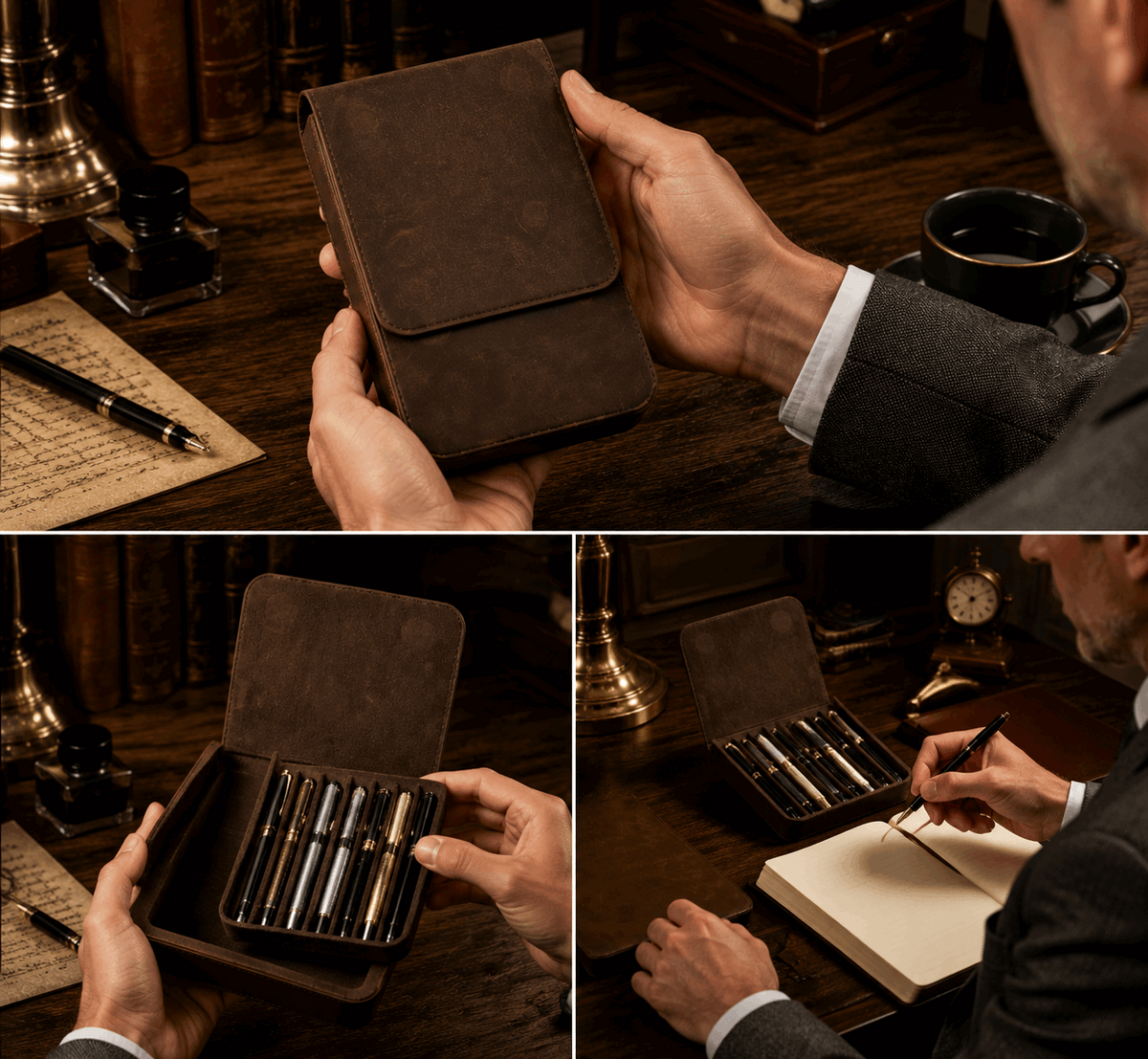 Vintage Genuine Leather Pen Case | Handmade 6-Slot Fountain Pen Organizer for Professionals & Collectors
