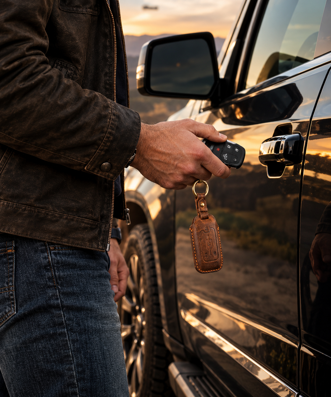 OLDMENS Handcrafted Crazy Horse Leather Key Fob Cover for Chevy Silverado, GMC Sierra & Yukon