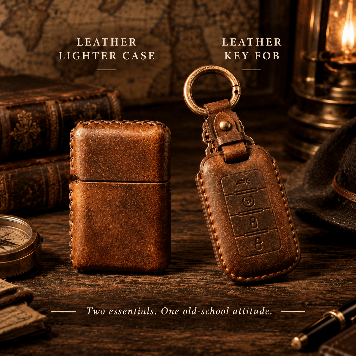OLDMENS 2-in-1 Leather Gift Set: Handcrafted Crazy Horse Leather Key Fob Cover (4, 5, 6 Buttons) & Zippo Case for Chevy GMC Yukon