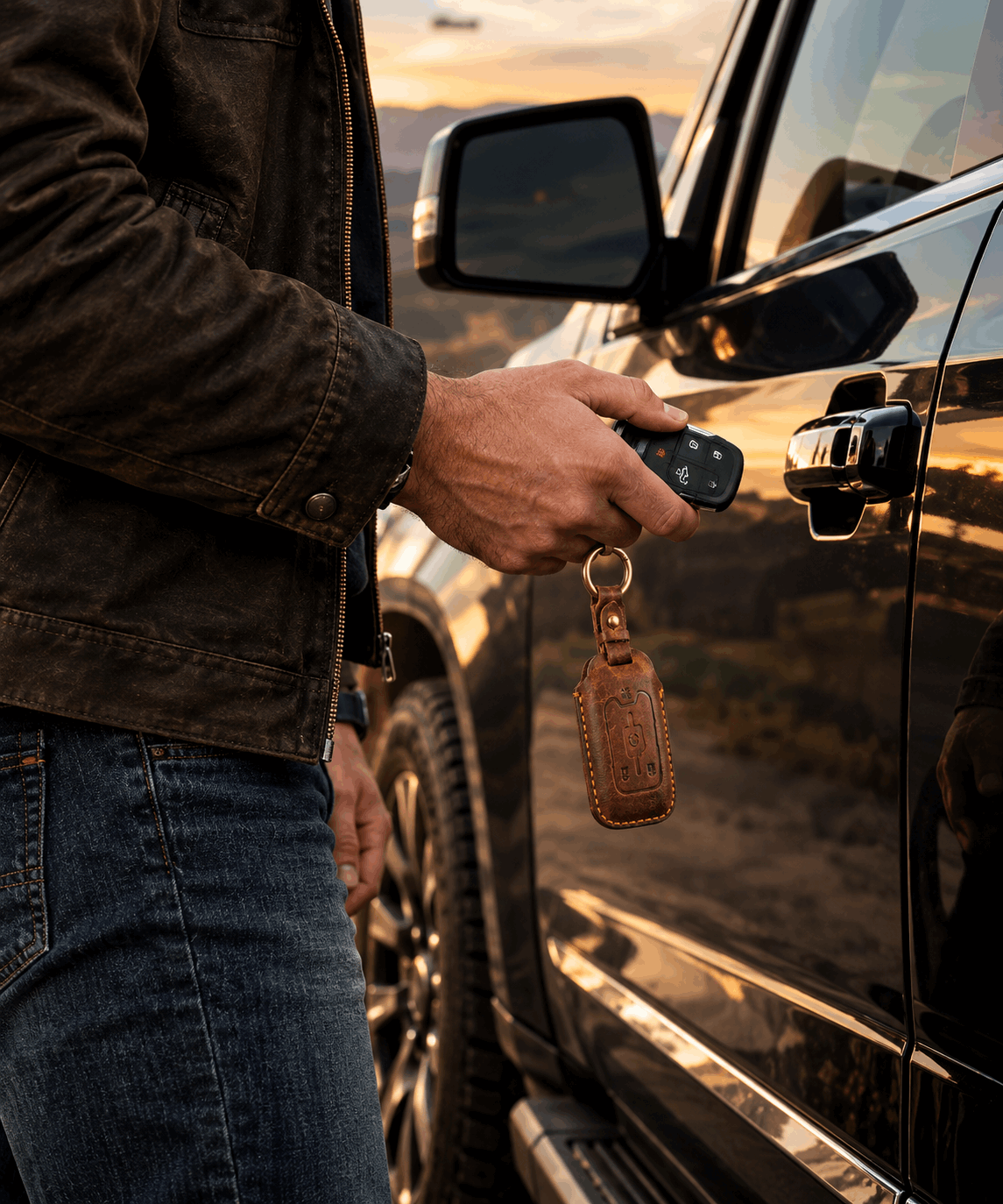 OLDMENS Handcrafted Crazy Horse Leather Key Fob Cover for Chevy Silverado, GMC Sierra & Yukon