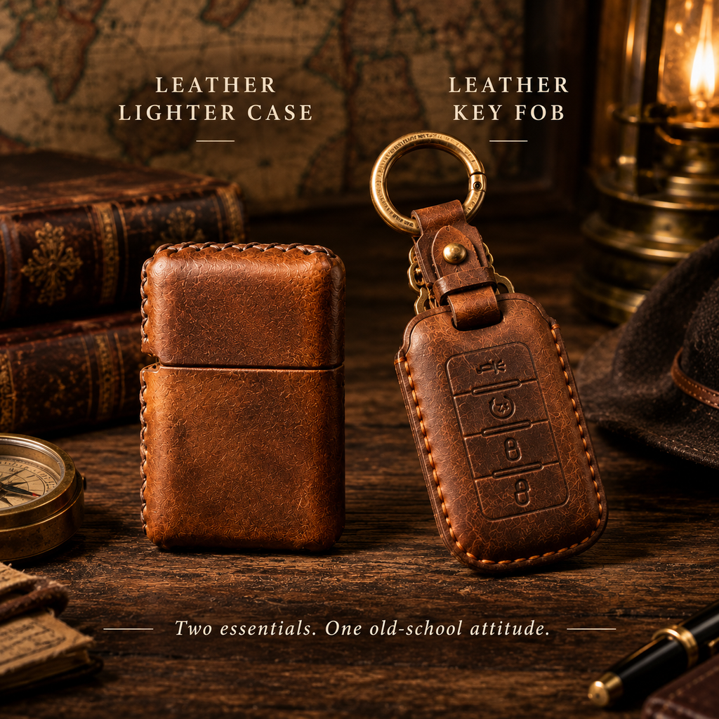 OLDMENS 2-in-1 Leather Gift Set: Handcrafted Crazy Horse Leather Key Fob Cover (4, 5, 6 Buttons) & Zippo Case for Chevy GMC Yukon