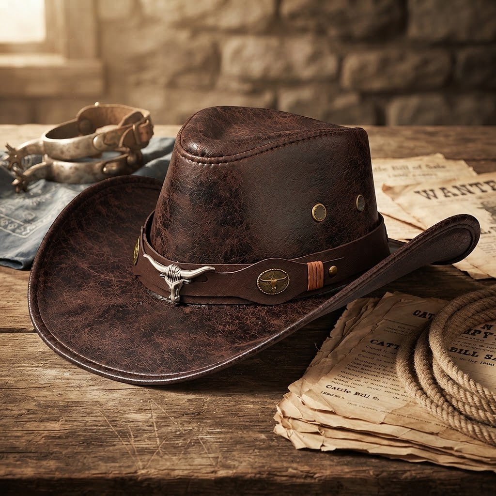 Vintage Faux Leather Western Cowboy Hat – Wide Brim Fedora for Men & Women
