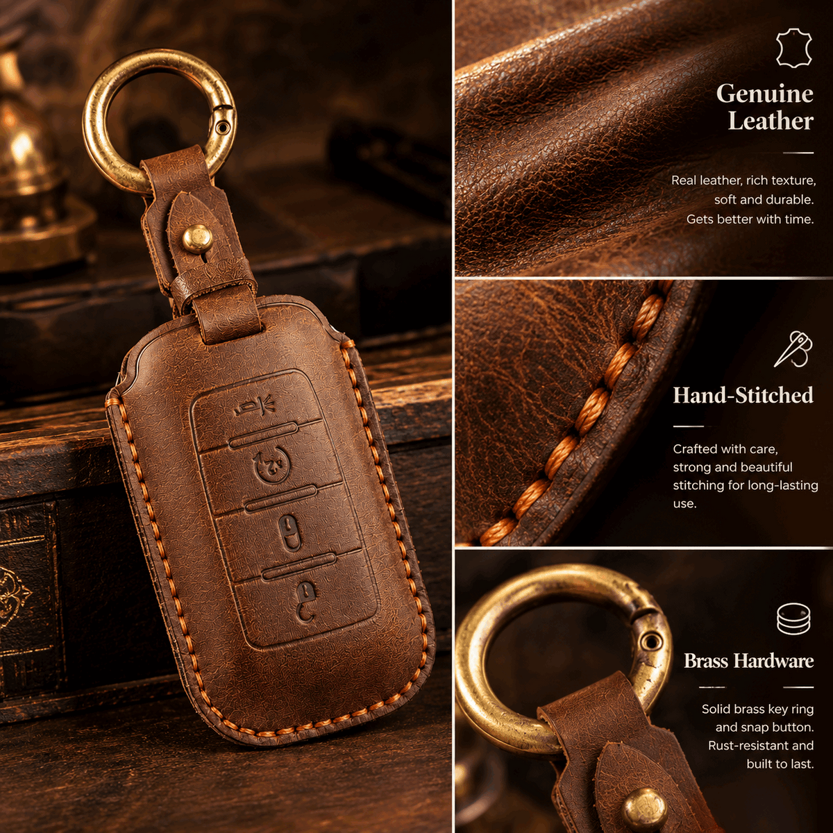 OLDMENS Handmade Crazy Horse Leather Car Key Fob Cover for GMC Dodge Ram