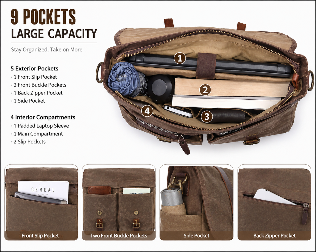Vintage Canvas Messenger Bag – 15.6" Laptop Briefcase with Multiple Pockets