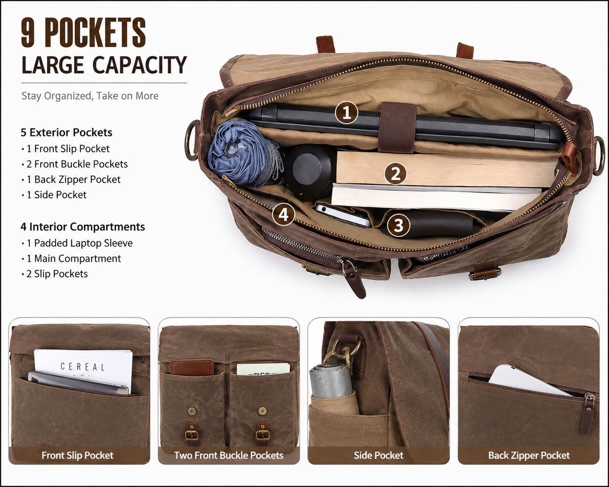 Vintage Canvas Messenger Bag – 15.6" Laptop Briefcase with Multiple Pockets