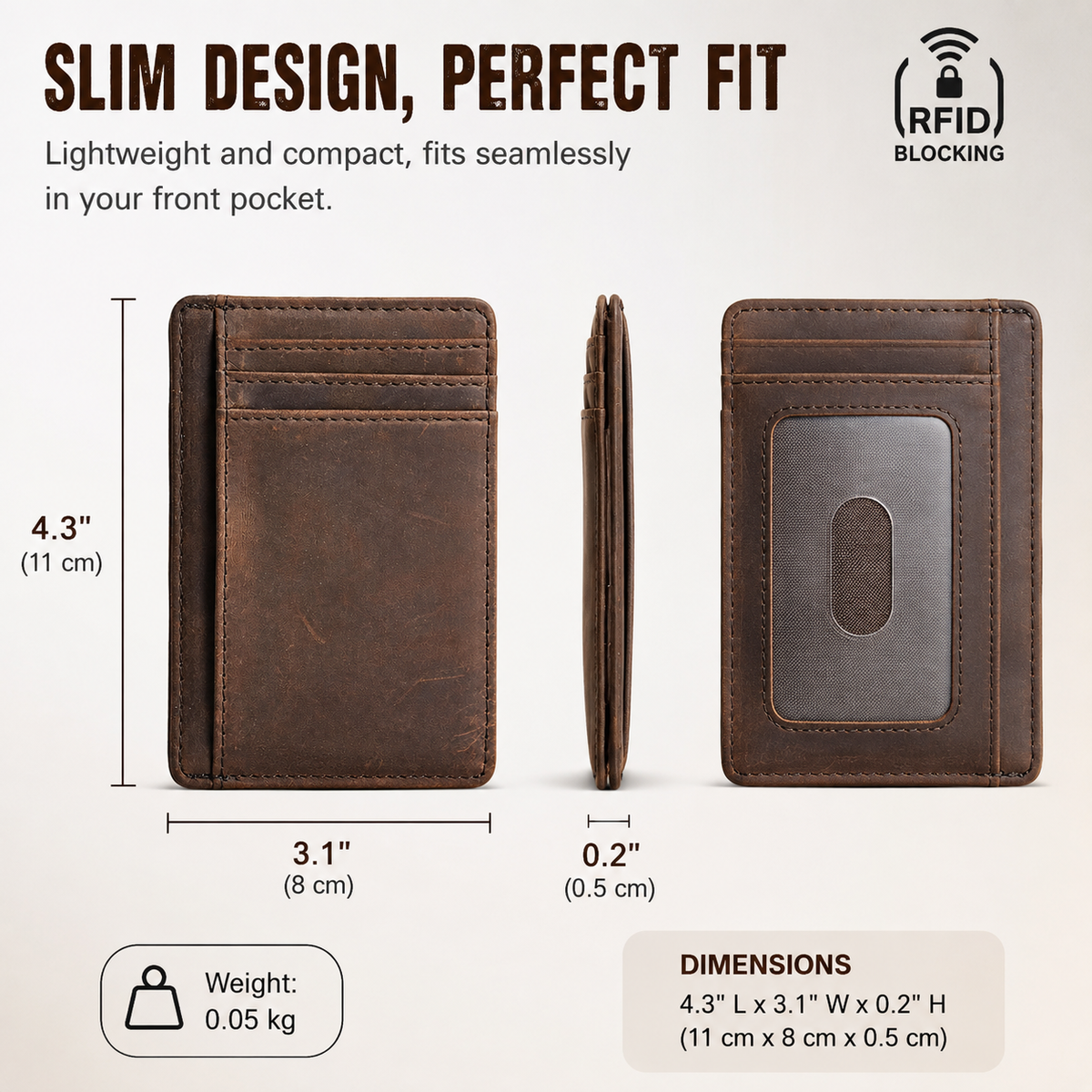 Minimalist Crazy Horse Leather RFID Front Pocket Wallet