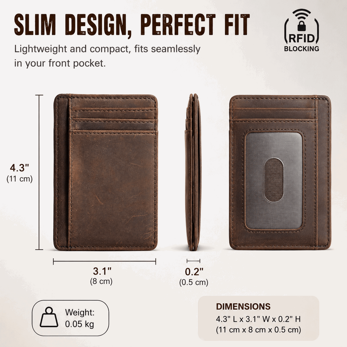 Minimalist Crazy Horse Leather RFID Front Pocket Wallet