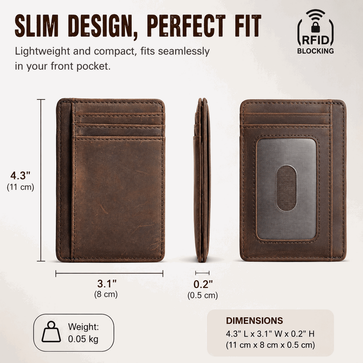 Minimalist Crazy Horse Leather RFID Front Pocket Wallet