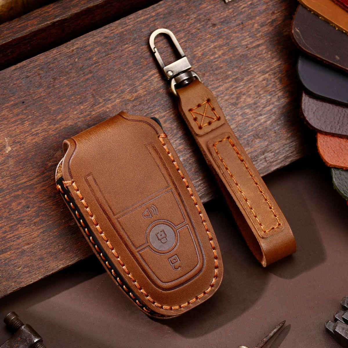 OLDMENS Handcrafted Leather Key Fob Cover for Ford F-150 & Explorer