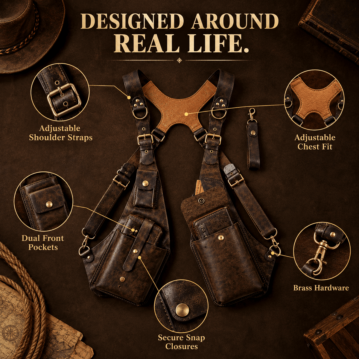 OLDMENS Vintage Leather-Style Tactical Chest Harness Bag – Multi-Pocket EDC Shoulder Rig & Steampunk Cosplay Utility Accessory