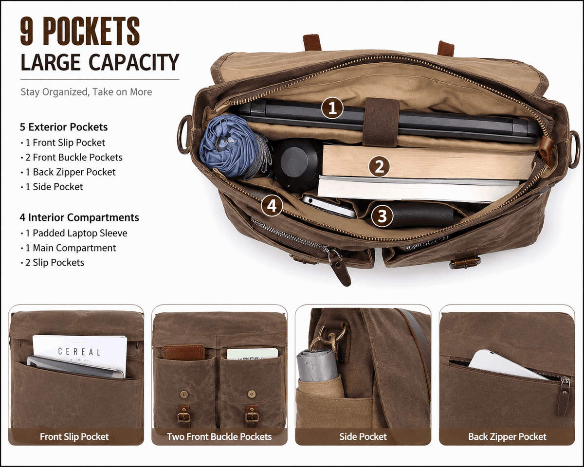 Vintage Canvas Messenger Bag – 15.6" Laptop Briefcase with Multiple Pockets