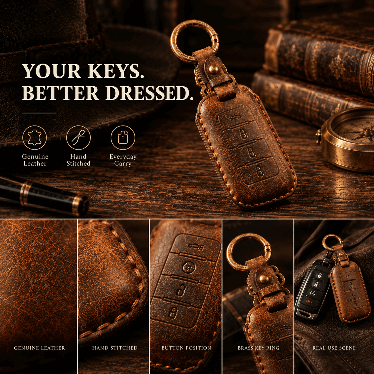 OLDMENS 2-in-1 Leather Gift Set: Handcrafted Crazy Horse Leather Key Fob Cover (4, 5, 6 Buttons) & Zippo Case for Chevy GMC Yukon