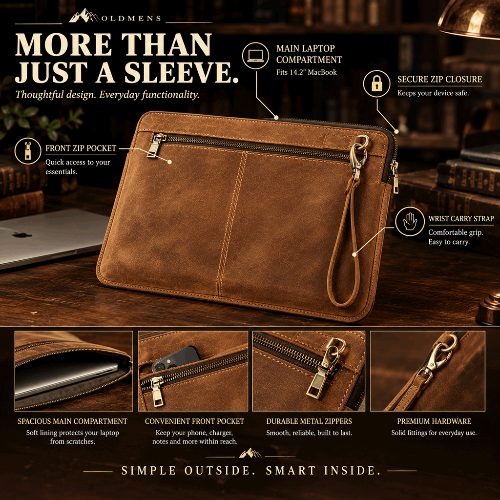 OLDMENS Vintage Crazy Horse Leather Laptop Sleeve for 14.2" MacBook Pro