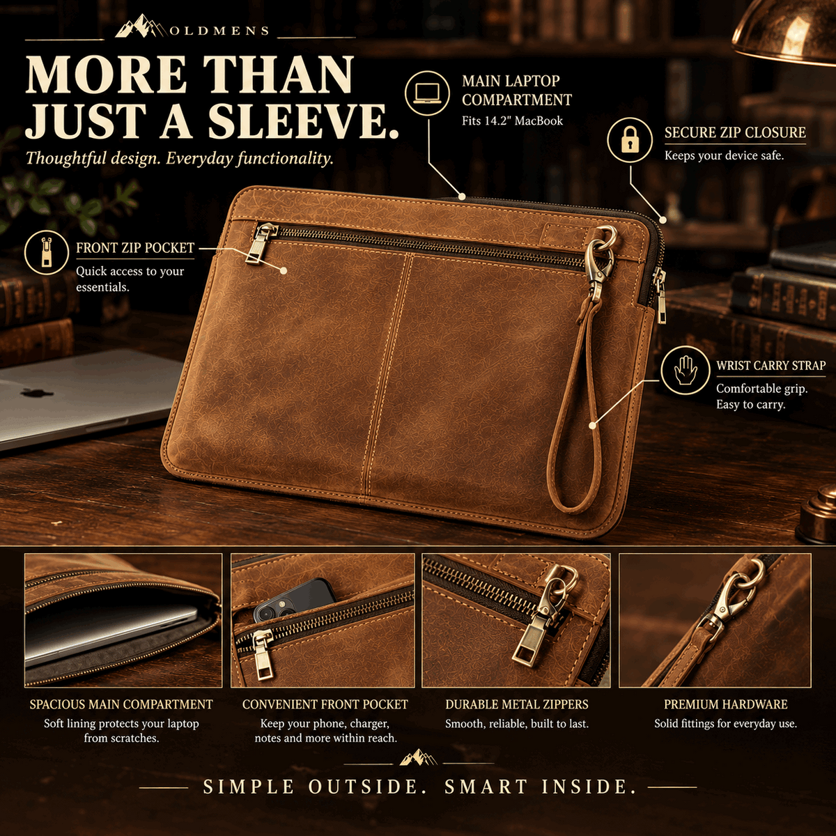 OLDMENS Vintage Crazy Horse Leather Laptop Sleeve for 14.2" MacBook Pro