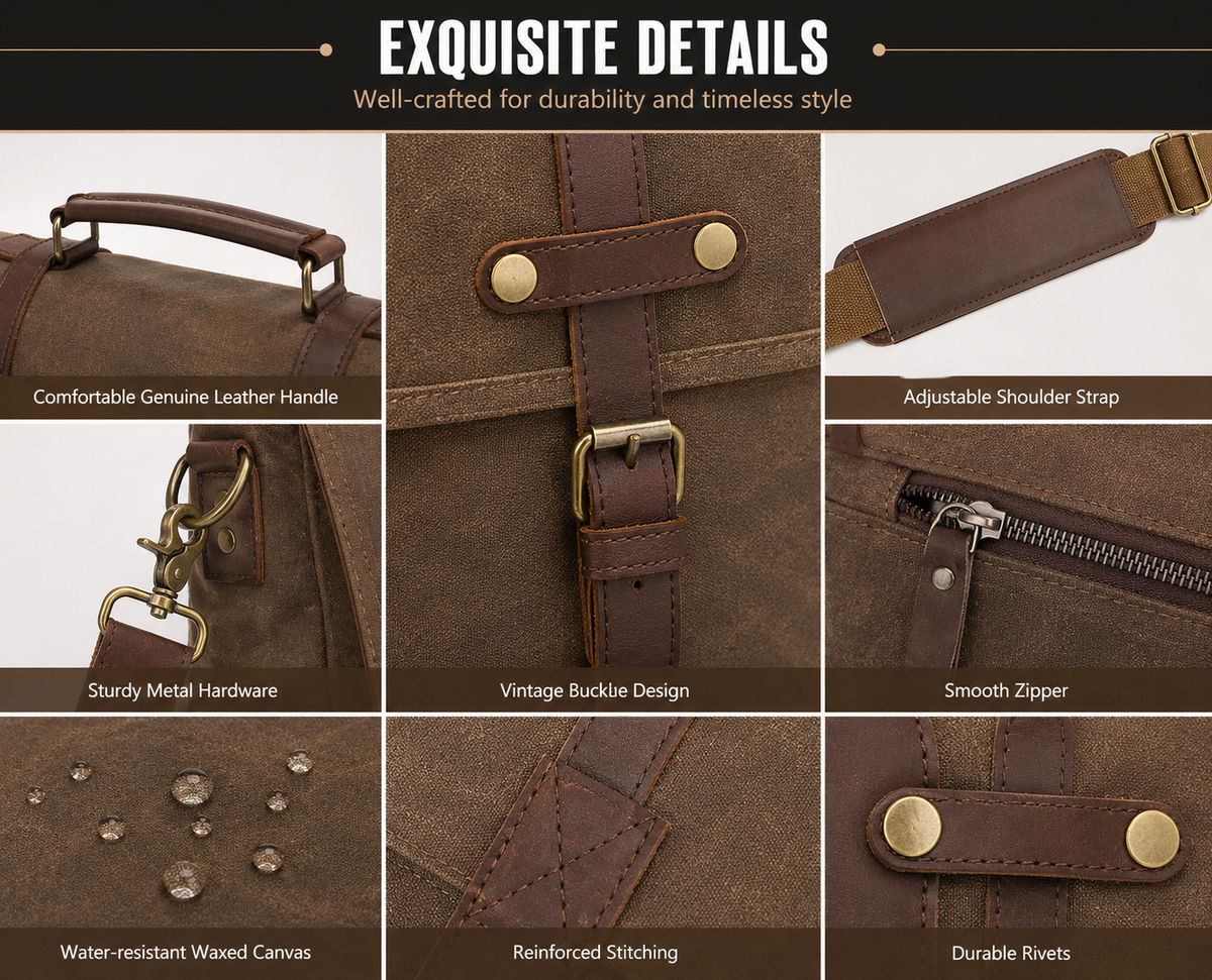Vintage Canvas Messenger Bag – 15.6" Laptop Briefcase with Multiple Pockets