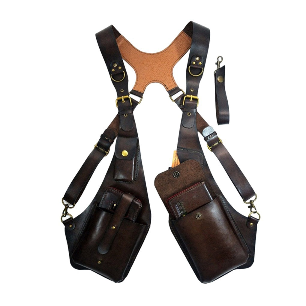 OLDMENS Vintage Leather-Style Tactical Chest Harness Bag – Multi-Pocket EDC Shoulder Rig & Steampunk Cosplay Utility Accessory