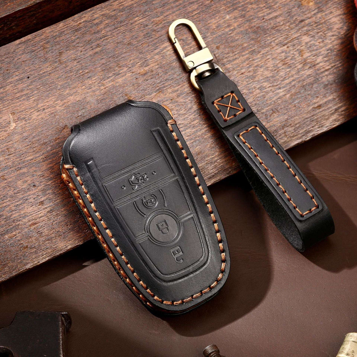 OLDMENS Handcrafted Leather Key Fob Cover for Ford F-150 & Explorer