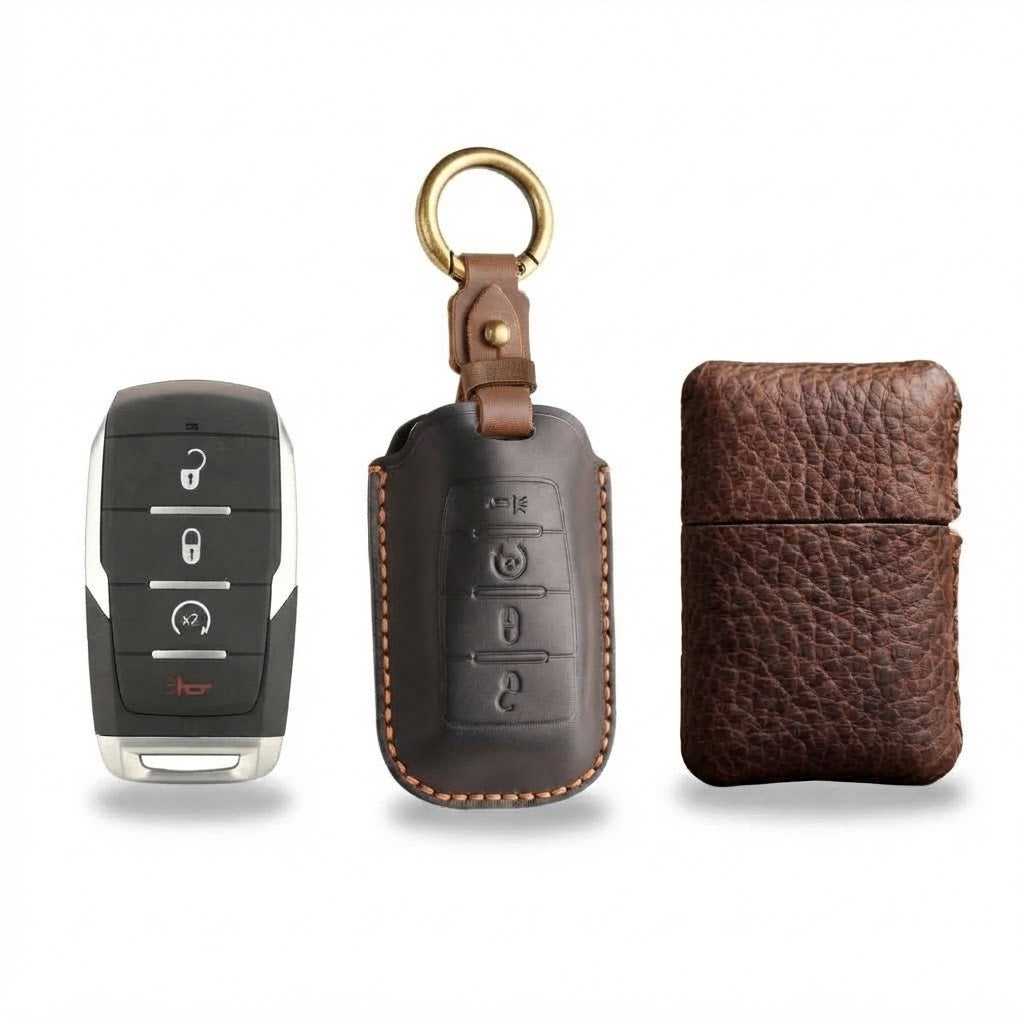OLDMENS 2-in-1 Leather Gift Set: Handcrafted Crazy Horse Leather Key Fob Cover (4, 5, 6 Buttons) & Zippo Case for Chevy GMC Yukon