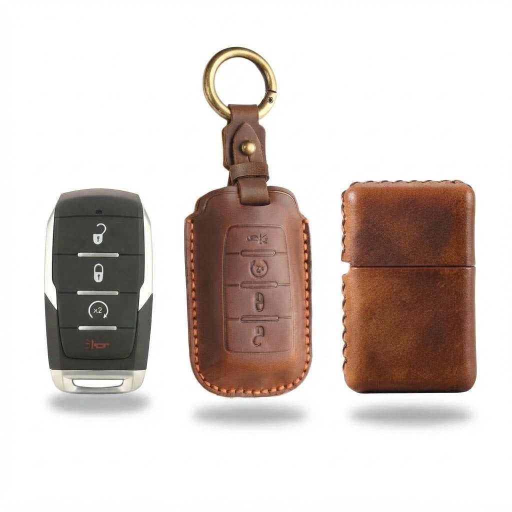 OLDMENS 2-in-1 Leather Gift Set: Handcrafted Crazy Horse Leather Key Fob Cover (4, 5, 6 Buttons) & Zippo Case for Chevy GMC Yukon