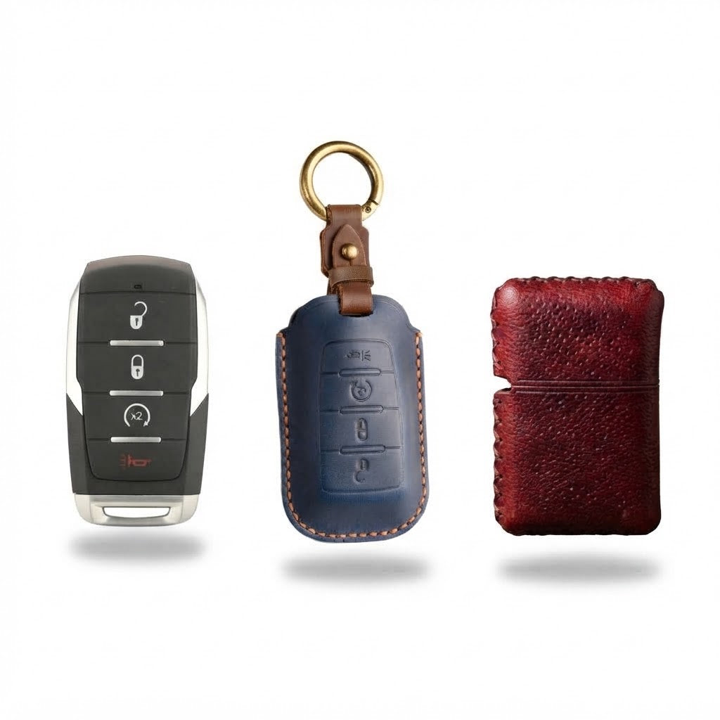 OLDMENS 2-in-1 Leather Gift Set: Handcrafted Crazy Horse Leather Key Fob Cover (4, 5, 6 Buttons) & Zippo Case for Chevy GMC Yukon