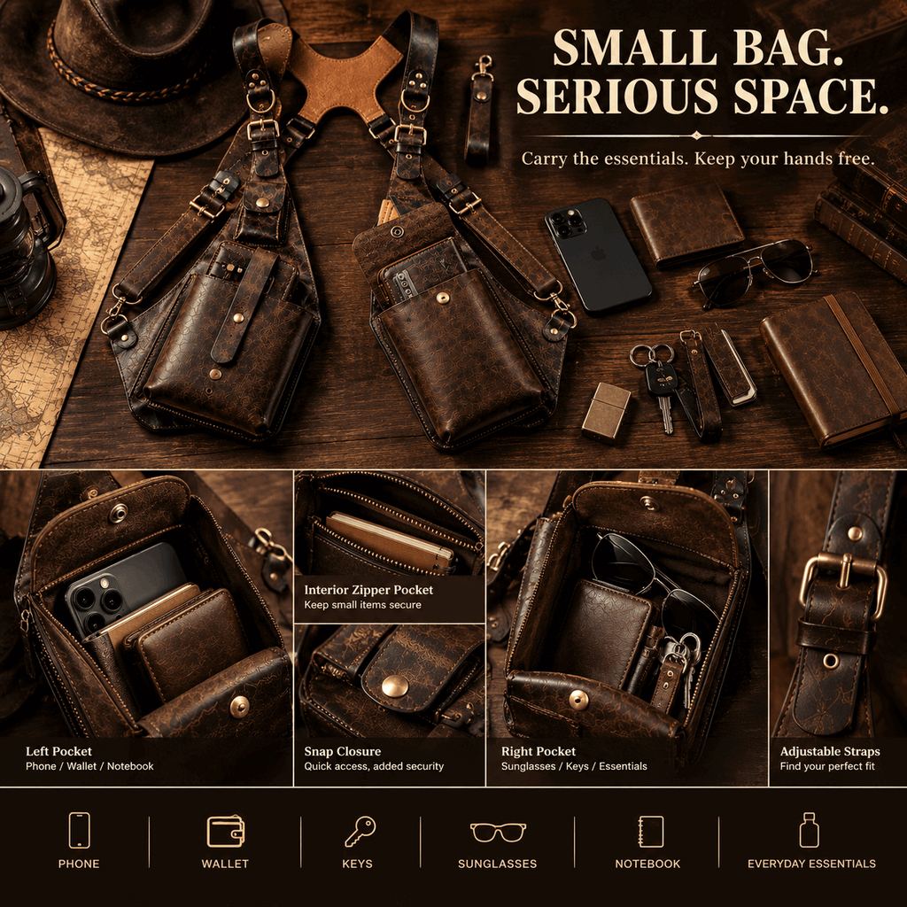 OLDMENS Vintage Leather-Style Tactical Chest Harness Bag – Multi-Pocket EDC Shoulder Rig & Steampunk Cosplay Utility Accessory