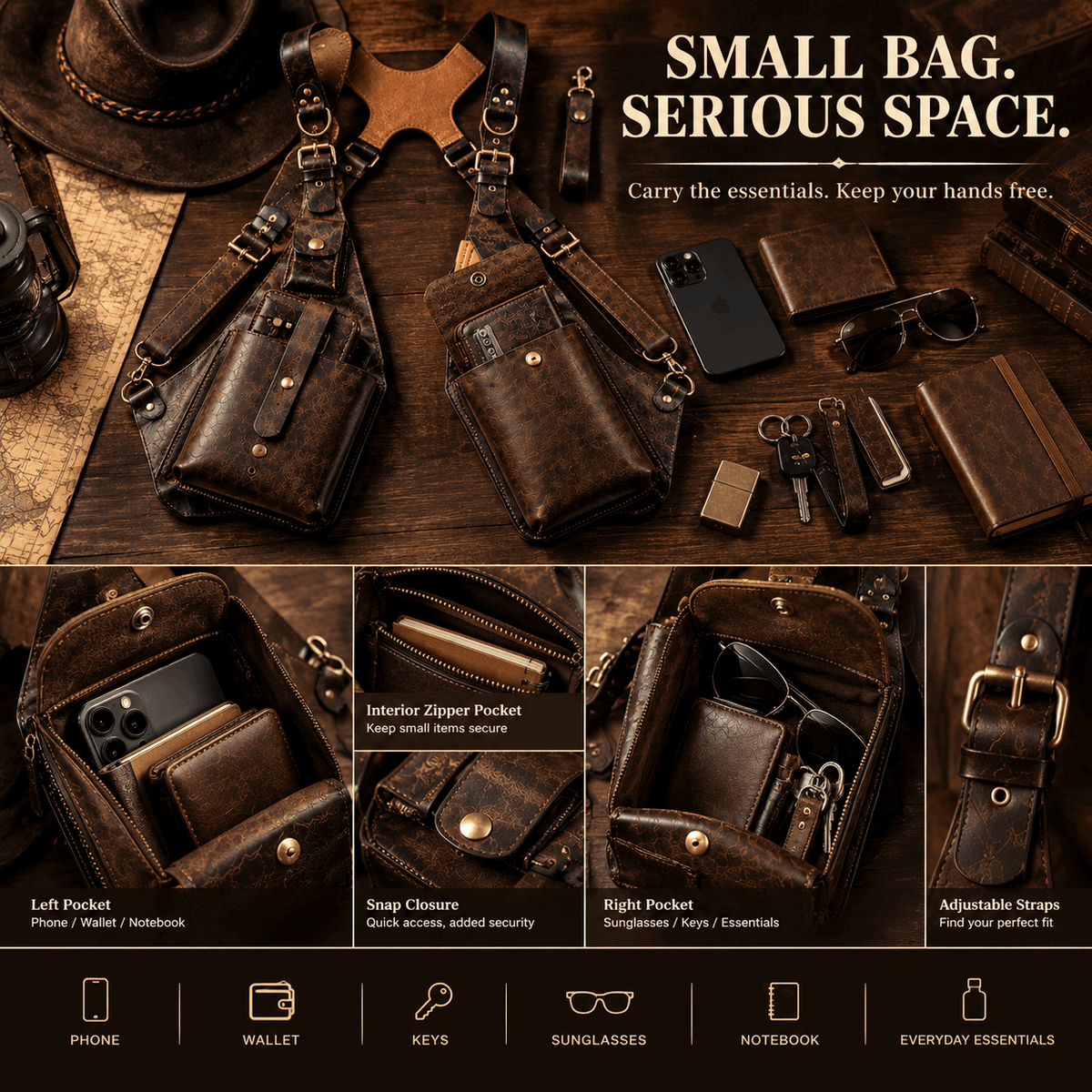 OLDMENS Vintage Leather-Style Tactical Chest Harness Bag – Multi-Pocket EDC Shoulder Rig & Steampunk Cosplay Utility Accessory