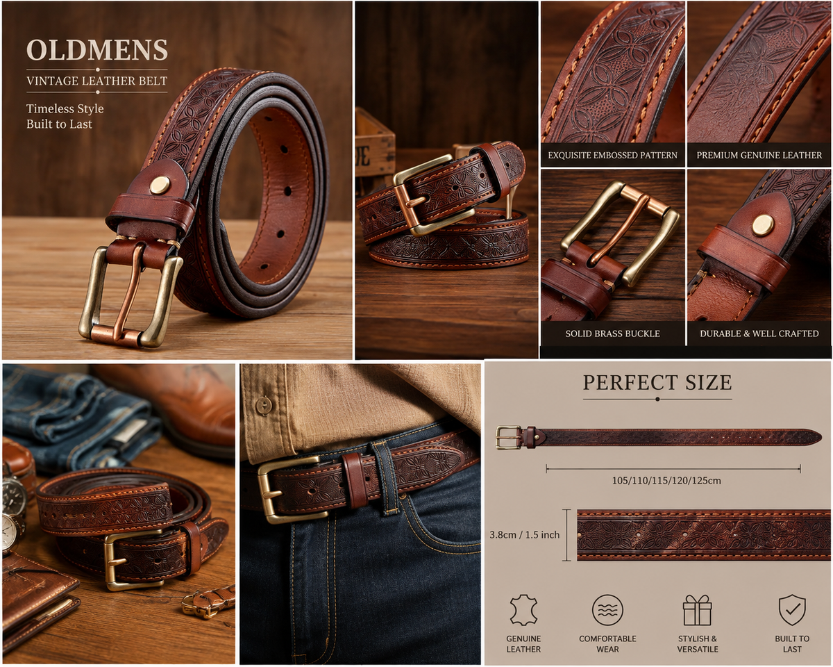 Vintage Embossed Genuine Leather Belt for Men – 1.3" Cowhide Belt with Antique Brass Buckle