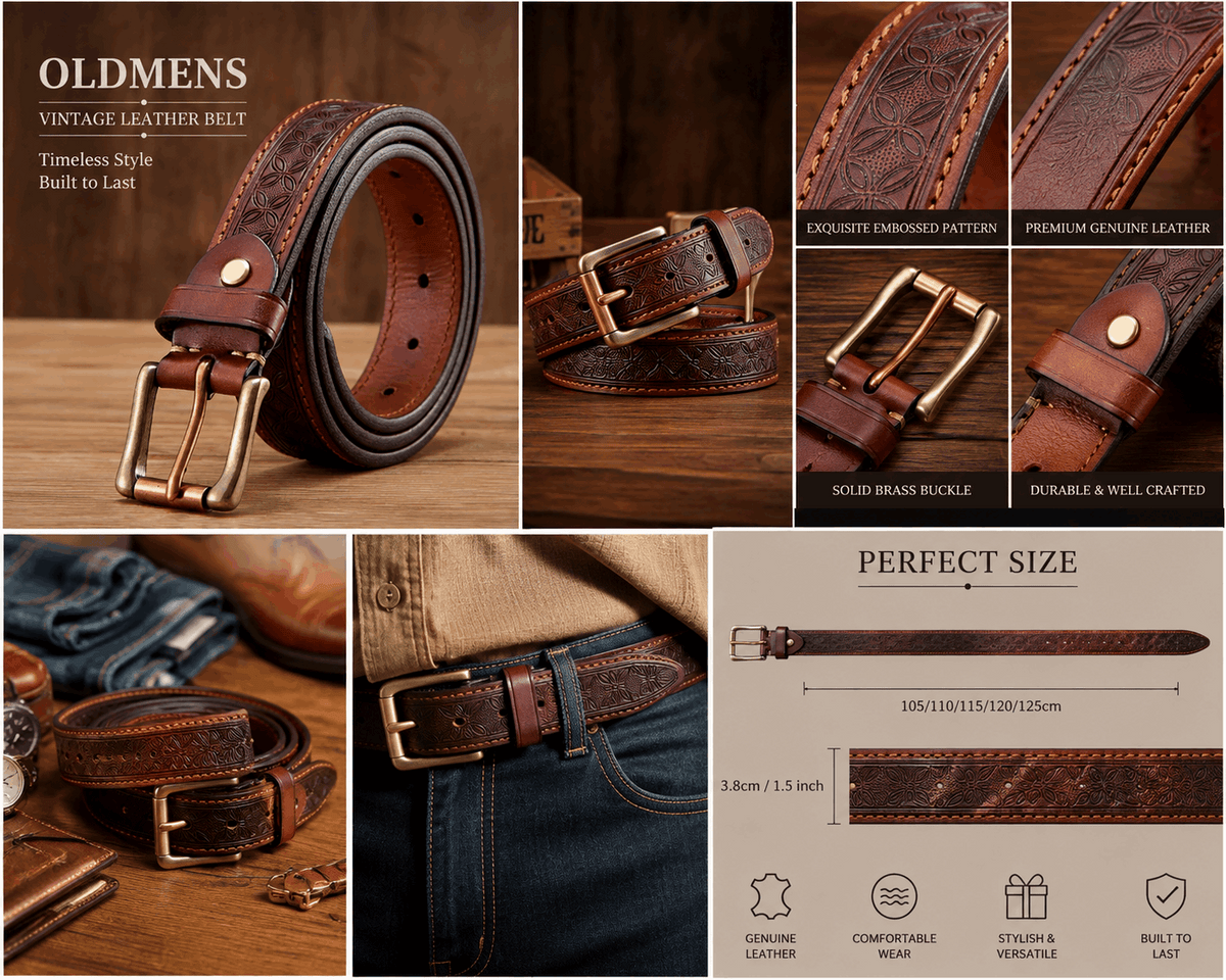 Vintage Embossed Genuine Leather Belt for Men – 1.3" Cowhide Belt with Antique Brass Buckle