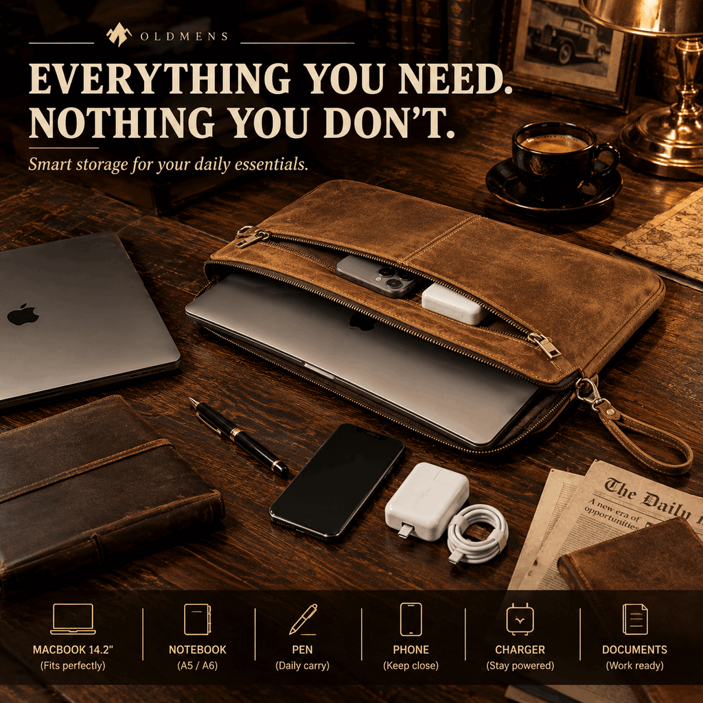 OLDMENS Vintage Crazy Horse Leather Laptop Sleeve for 14.2" MacBook Pro