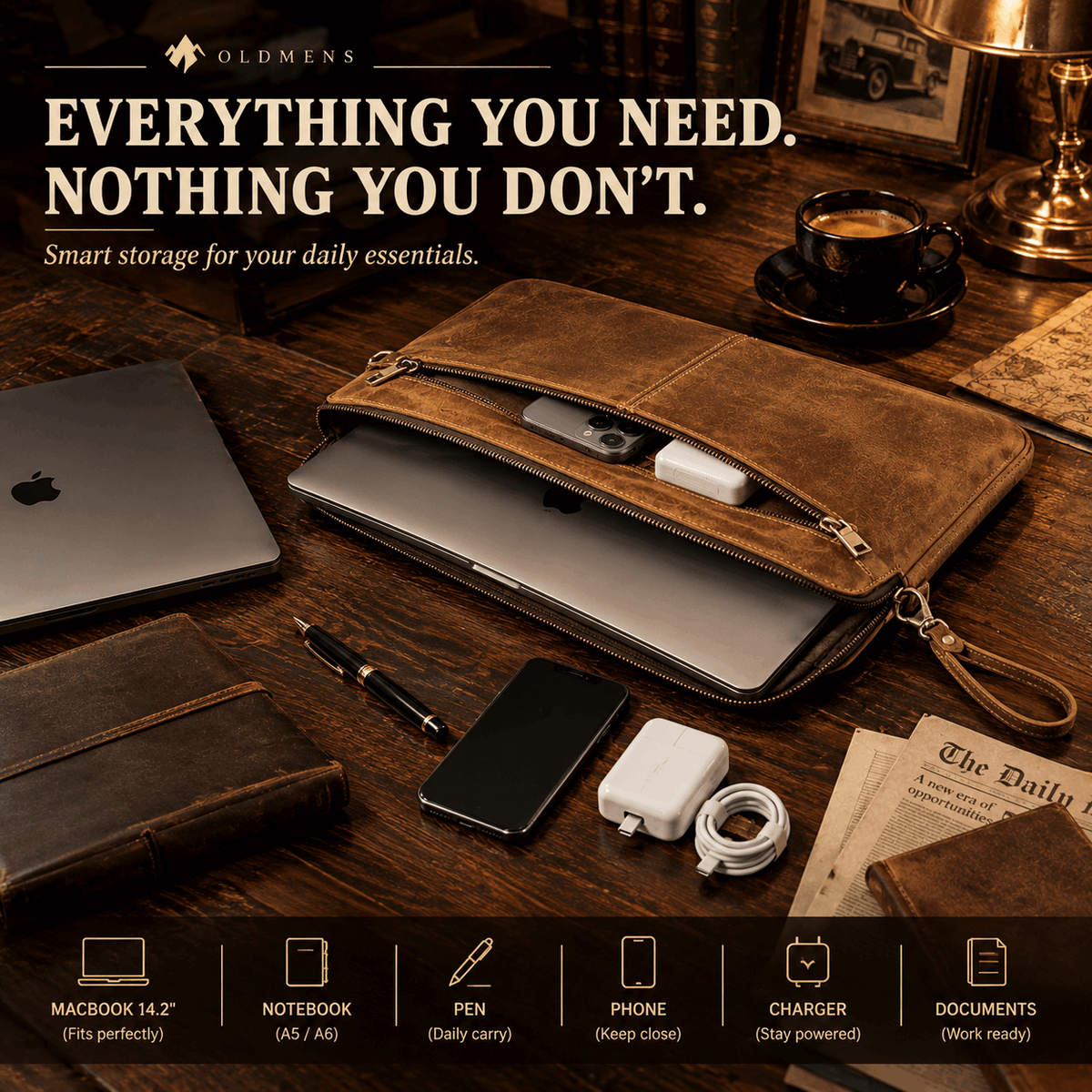 OLDMENS Vintage Crazy Horse Leather Laptop Sleeve for 14.2" MacBook Pro
